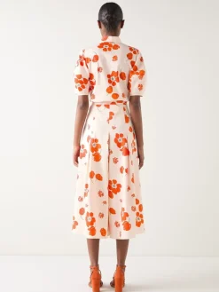 LK Bennett Orange & Flora Ivory Multi Cotton Pleat Block Floral Sateen Culottes