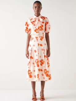 LK Bennett Orange & Flora Ivory Multi Cotton Pleat Block Floral Sateen Culottes