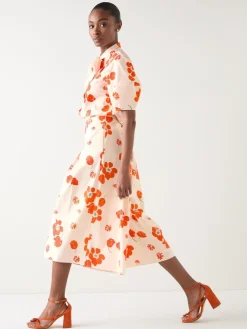 LK Bennett Orange & Flora Ivory Multi Cotton Pleat Block Floral Sateen Culottes