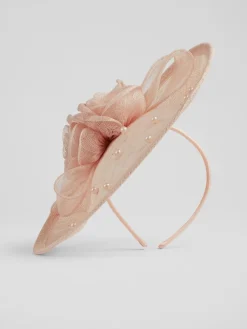 LK Bennett Pink Ayla Mesh Pearl Detail Wide Brim Fascinator Hat Discount