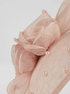 LK Bennett Pink Ayla Mesh Pearl Detail Wide Brim Fascinator Hat Discount