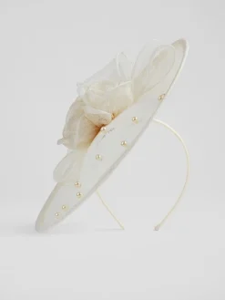LK Bennett White Mesh Pearl Detail Ayla Wide Brim Fascinator Hat Outlet