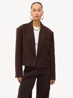 LOAVIES Basically Perfect Love Pinstripe Oversize Shoulder Brown Blazer Hot