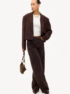 LOAVIES Basically Perfect Love Pinstripe Oversize Shoulder Brown Blazer Hot