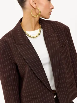 LOAVIES Basically Perfect Love Pinstripe Oversize Shoulder Brown Blazer Hot