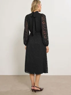 Long Tall Sally Black Burnout Tie Neck Midi Dress New