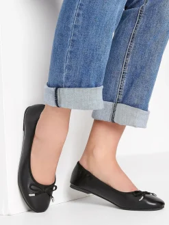 Long Tall Sally Black Wide-Fit Blaise Leather Ballerina Shoes Discount
