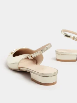 Long Tall Sally Metal Trim Sling Back Shoes Gold Clearance