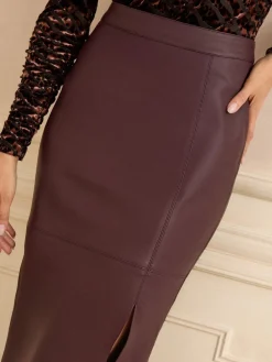 Love & Roses Faux Leather Slit Midi Skirt Berry Red New