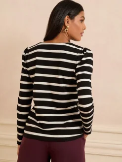 Love & Roses Black and Ivory Stripe Scallop V-Neck Long Sleeve Jersey Top New