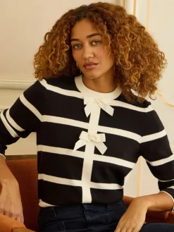 Love & Roses Black And White Striped Bow Detail Knitted Jumper Best