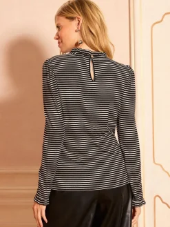 Love & Roses Black and White stripe Frill Neck Long Sleeve Jersey Top Hot