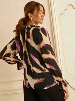 Love & Roses Black Animal Notch Neck Long Sleeve Blouse Best