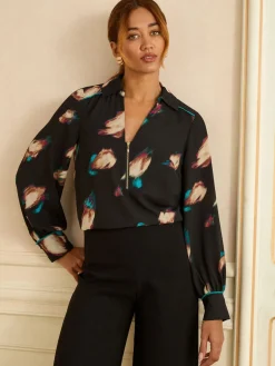 Love & Roses Long Sleeve Zip Front Blouse Black Animal Best