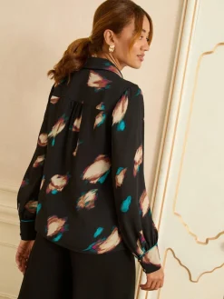 Love & Roses Long Sleeve Zip Front Blouse Black Animal Best