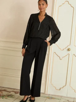 Love & Roses Long Sleeve Zip Front Blouse Black Burnout Sale