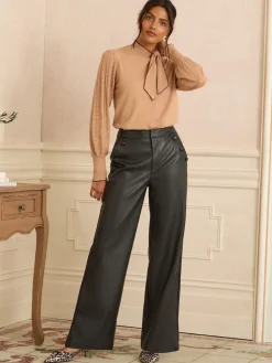 Love & Roses Black Button Detail Faux Leather Wide Leg Trousers Sale