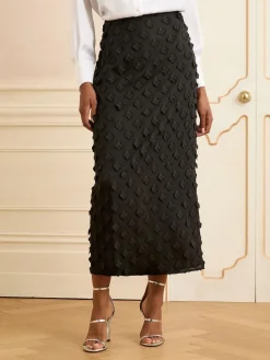 Love & Roses 3D Floral Midi Skirt Black New