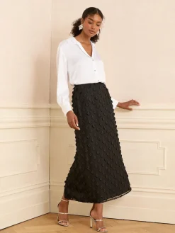 Love & Roses 3D Floral Midi Skirt Black New