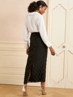 Love & Roses 3D Floral Midi Skirt Black New