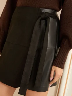 Love & Roses Faux Leather Wrap Mini Skirt Black Faux Suede Mix Sale