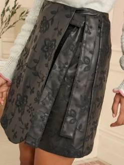 Love & Roses Faux Leather Wrap Mini Skirt Black Floral Embroidered New