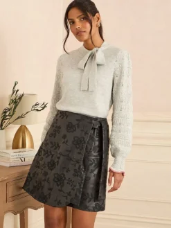 Love & Roses Faux Leather Wrap Mini Skirt Black Floral Embroidered New