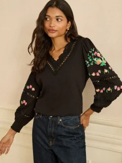 Love & Roses Black Floral Embrodiery Lace Insert V-Neck Long Sleeve Top Clearance
