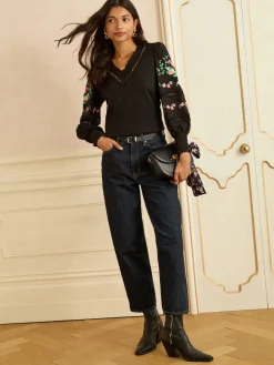 Love & Roses Black Floral Embrodiery Lace Insert V-Neck Long Sleeve Top Clearance