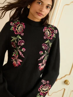 Love & Roses Black Floral Embroidery Cosy Jumper Dress Online