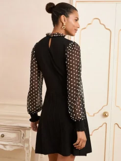 Love & Roses Black Floral Spot Frill Neck Petite Chiffon Sleeve Knitted Mini Dress Hot