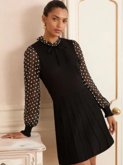 Love & Roses Black Floral Spot Frill Neck Petite Chiffon Sleeve Knitted Mini Dress Hot