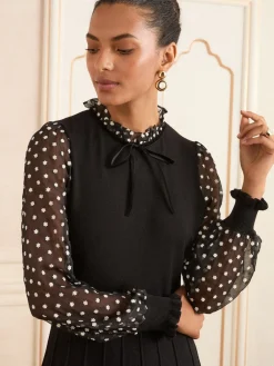 Love & Roses Black Floral Spot Frill Neck Petite Chiffon Sleeve Knitted Mini Dress Hot