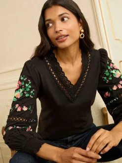 Love & Roses Black Floral Embrodiery Lace Insert Petite V-Neck Long Sleeve Top Hot