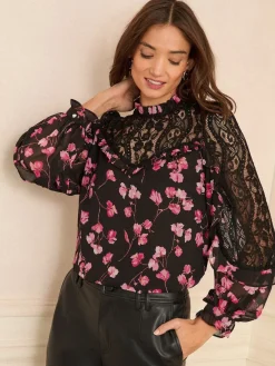 Love & Roses Crew Neck Lace Yoke Long Sleeve Blouse Black Floral Print