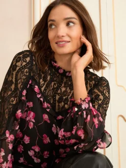 Love & Roses Crew Neck Lace Yoke Long Sleeve Blouse Black Floral Print