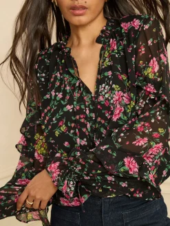 Love & Roses Black Floral Notch Neck Frill Cuff Blouse New