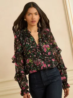Love & Roses Black Floral Notch Neck Frill Cuff Blouse New