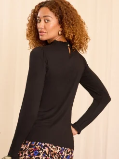 Love & Roses Black Frill Neck Long Sleeve Jersey Top Online