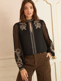 Love & Roses Black Gold Embroidery Long Sleeve High Neck Blouse Discount