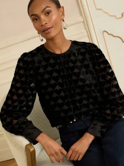 Love & Roses Crew Neck Long Sleeve Burnout Blouse Black Heart Outlet