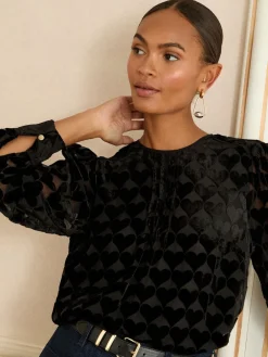 Love & Roses Crew Neck Long Sleeve Burnout Blouse Black Heart Outlet