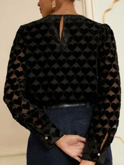 Love & Roses Crew Neck Long Sleeve Burnout Blouse Black Heart Outlet