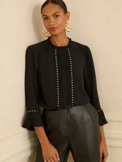 Love & Roses Hardware Detail Flute Sleeve Blouse Black Heart Best