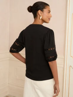 Love & Roses V-Neck Jersey T-Shirt Black Heart Lace Insert Outlet