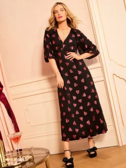 Love & Roses Black Heart Metallic V-Neck Puff Sleeve Midi Dress Online