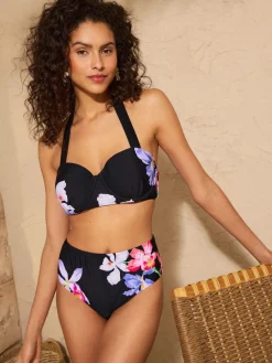 Love & Roses Tummy Control High Waisted Bikini Bottoms Black Iris Flower Outlet