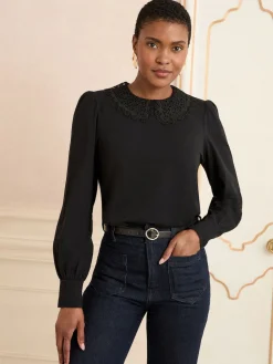 Love & Roses Blouse Black Lace Collar New