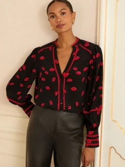 Love & Roses Black Lips Print Notch Neck Long Sleeve Blouse