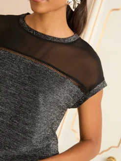 Love & Roses Black Metallic Satin Front V-Neck Short Sleeve Top Sale